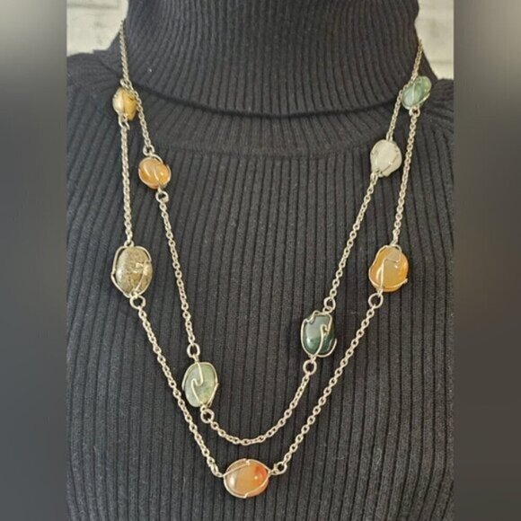 Layered Multicolor Stone-Style Bead Necklace on Silvertone Chain – Boho - Picture 3 of 6